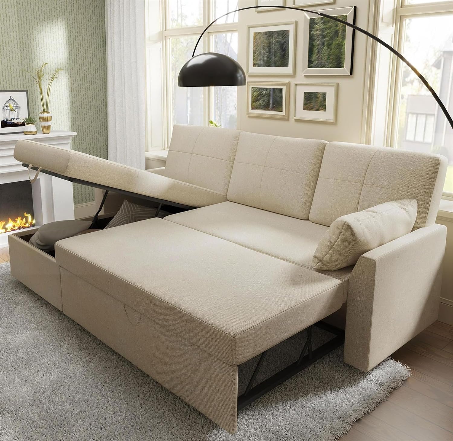 VanAcc Sleeper Sofa, Sofa Bed- 2 in 1 Pull Out Couch Bed with Storage Chaise for Living Room, Comfy Sleeper Couch, Beige Chenille