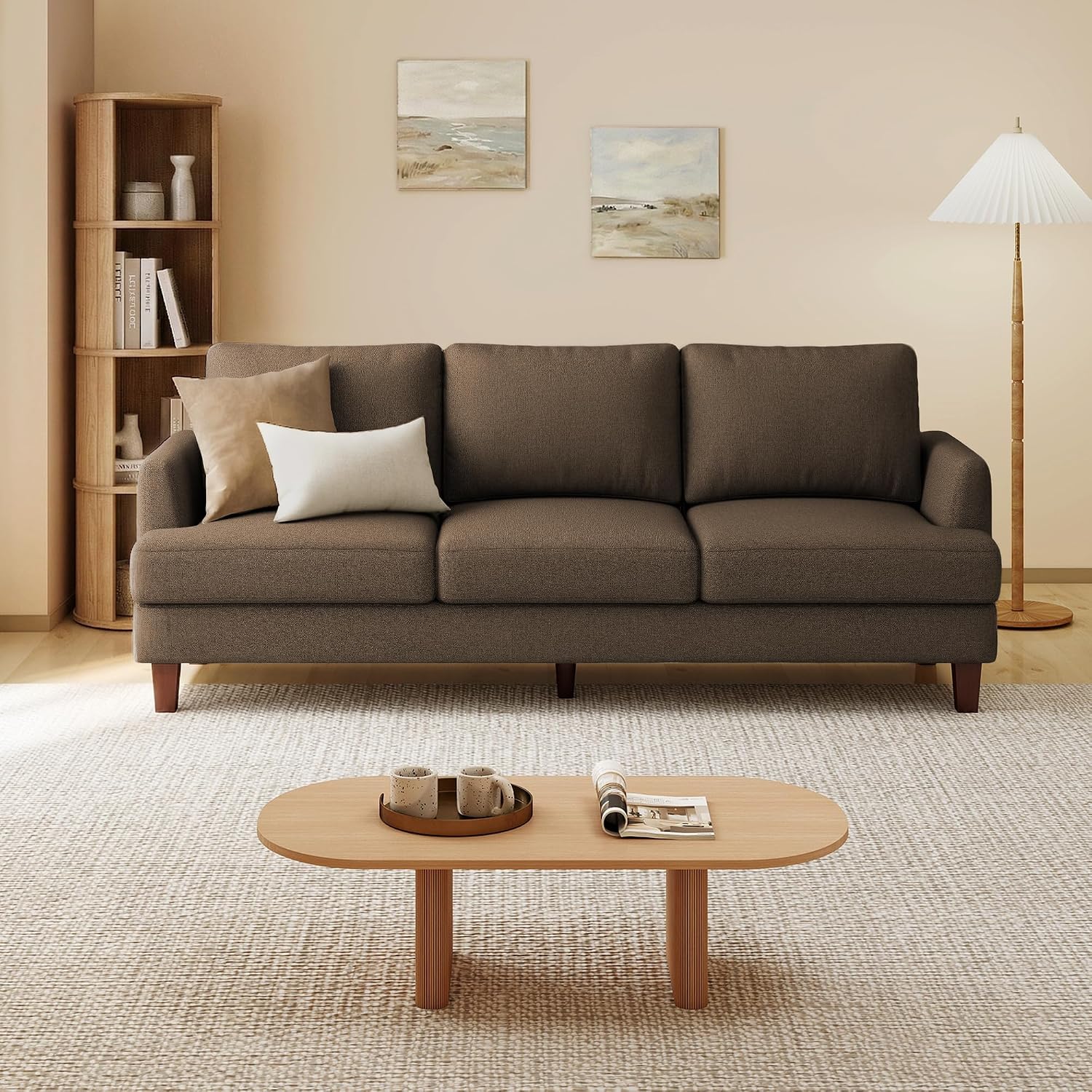 Gericco Mid Century Modern Couches for Living Room, 89' Comfy Brown Couch Sofa with 3-Seater Deep Seats, Upholstered Sofas for Living Room, Office Apartment, Bedroom