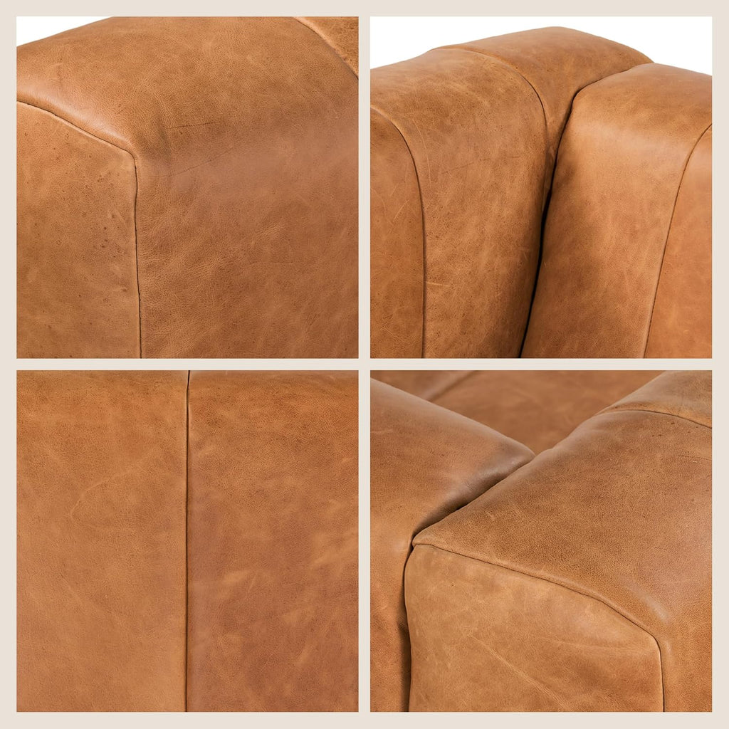 POLY & BARK Canale Sofa – 86' Channel-Tufted Italian Leather Couch – Cognac Tan Full-Grain Pure-Aniline or Semi-Aniline Leather, Solid Wood Frame & Legs