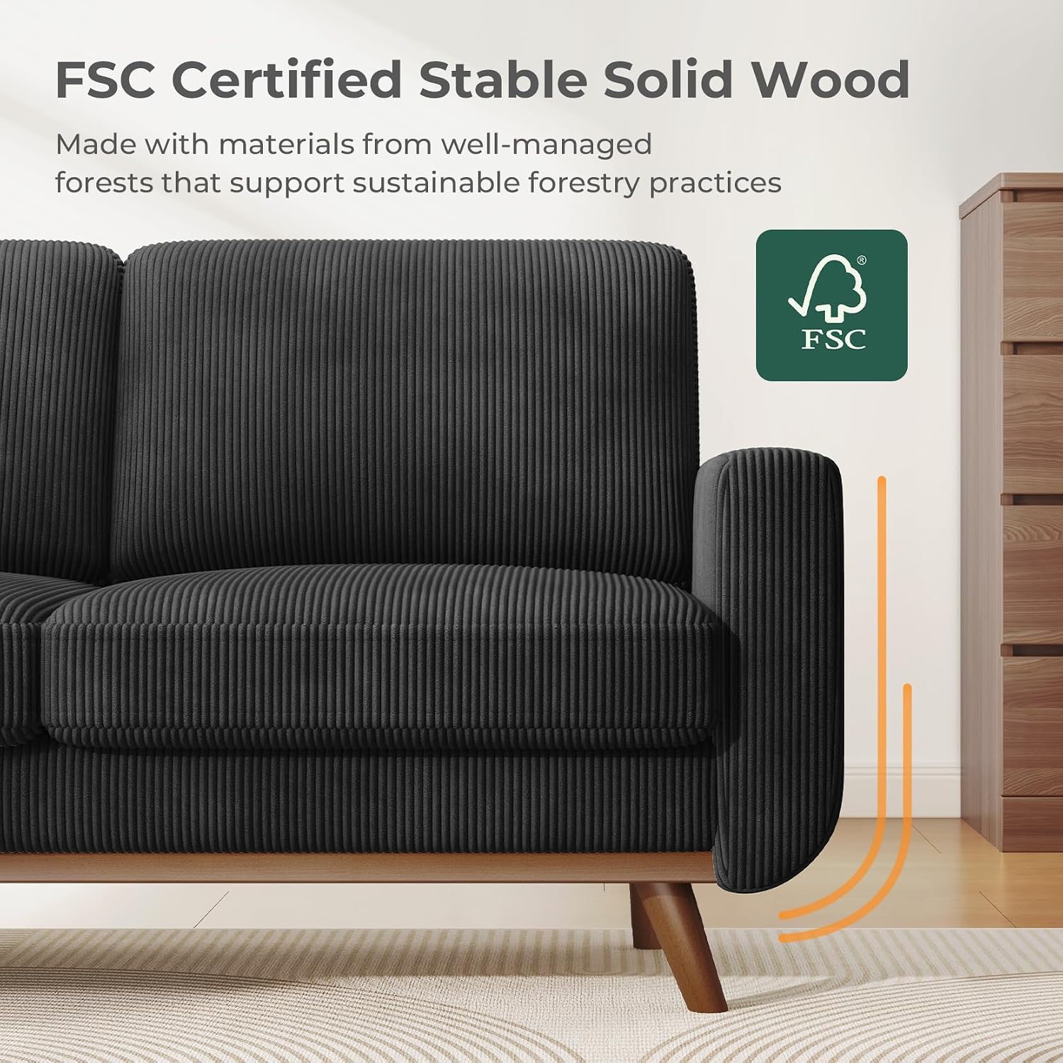 Vesgantti 68' Loveseat Sofa Black, Comfy Corduroy Couch with Spring Cushion and Solid Wood, Modern Extra Deep Seat for Bedroom, Living Room, Office