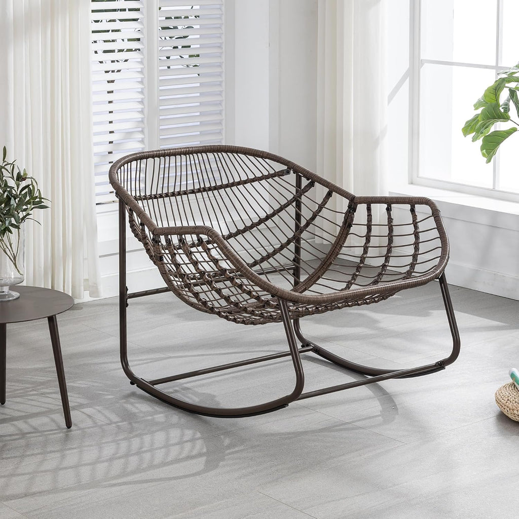 Rattan Outdoor Rocking Chair, Wicker Patio Egg Rocking Chair with Detachable Cushion, Indoor Papasan Chair for Living Room, Garden, Patio, Gray