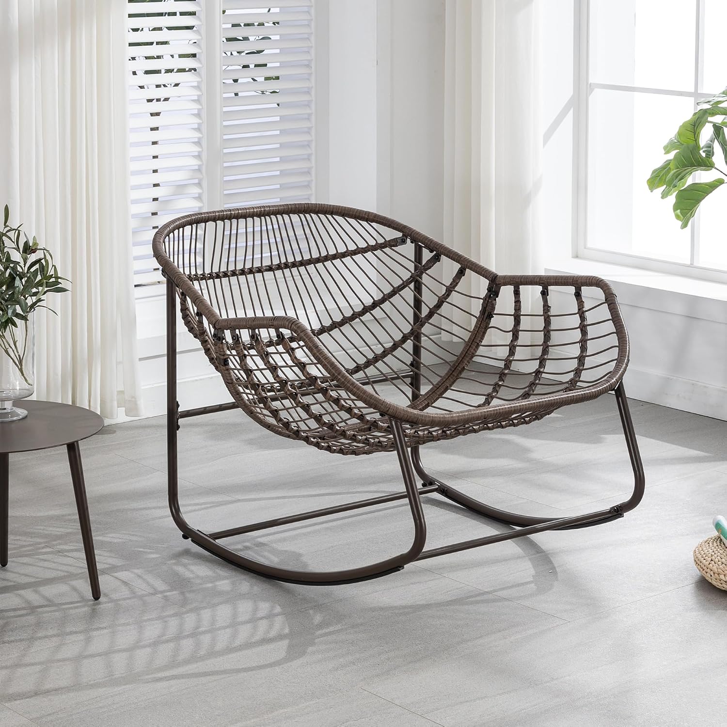 Rattan Outdoor Rocking Chair, Wicker Patio Egg Rocking Chair with Detachable Cushion, Indoor Papasan Chair for Living Room, Garden, Patio, Gray