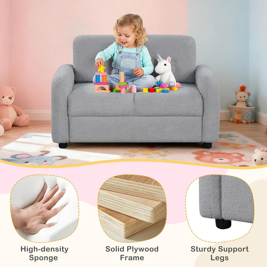 Costzon Kids Couch, 2 Seat Toddler Armrest Chair w/Teddy Fleece Upholstery & Solid Wooden Frame, Double Seat Children's Sofa for Preschool, Bedroom, Playroom, Daycare, Ideal Gift for Girls Boys