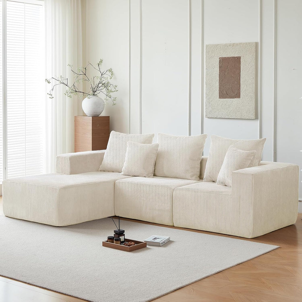 101' Cloud Couch for Bedroom,Boneless Couch with Oversized Chaise,4-Seat Chenille Deep Seat Sofa with 5-Pillows for Living Room,Corduroy Sofa in A Box,Beige