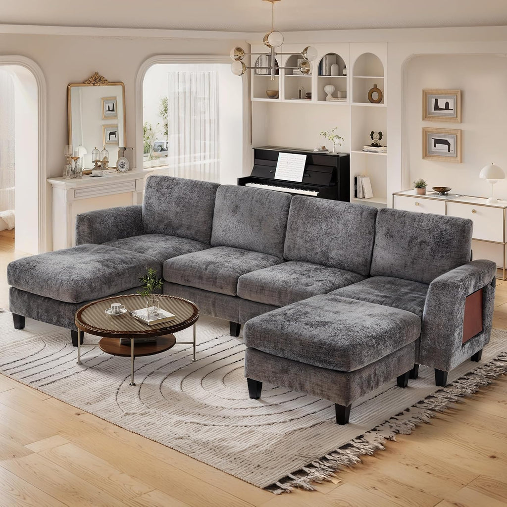MALOL 118' Sectional U-Shaped Cloud Couch, Modular Modern 4-Seat Sofa, with USB Type C Ports, Foldable Side Table and 2 Ottomans, for Home Living Room, Grey
