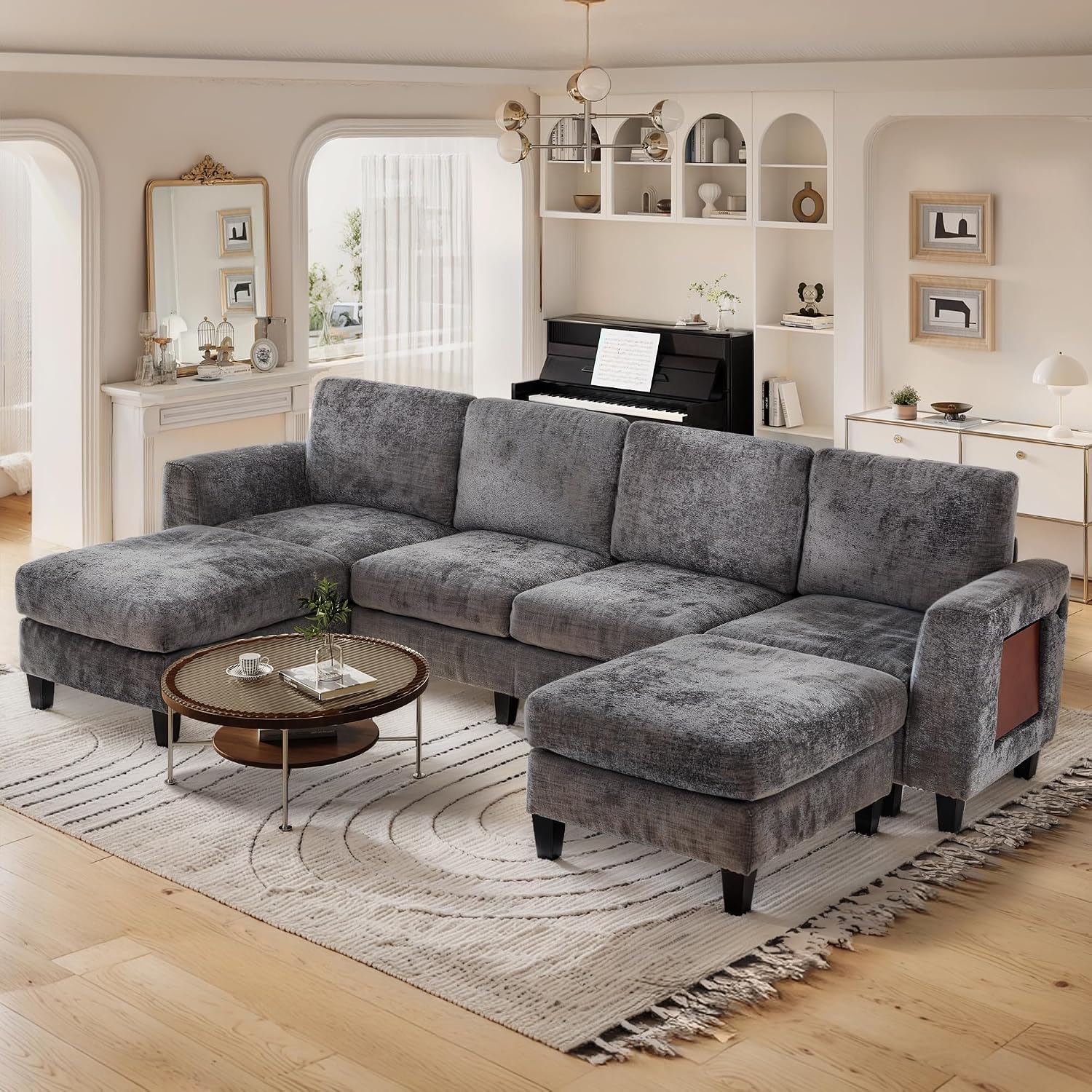 MALOL 118' Sectional U-Shaped Cloud Couch, Modular Modern 4-Seat Sofa, with USB Type C Ports, Foldable Side Table and 2 Ottomans, for Home Living Room, Grey