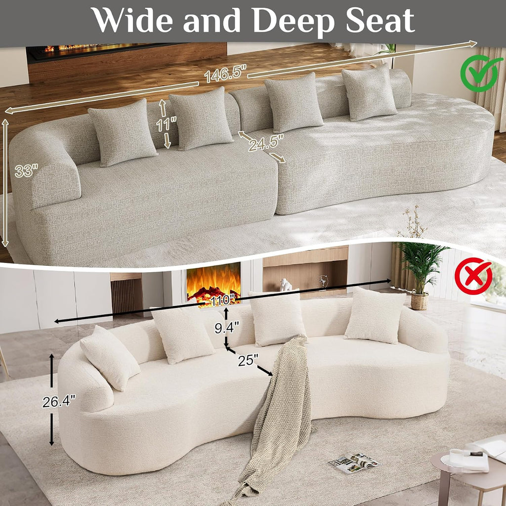 147' Oversized Sectional Sofa for Living Room, Modern Luxury Plush Chenille 4-Seater Extra Deep & Wide Seat Curved Cloud Couch with 4 Throw Pillows, No Assembly Needed, Light Grey