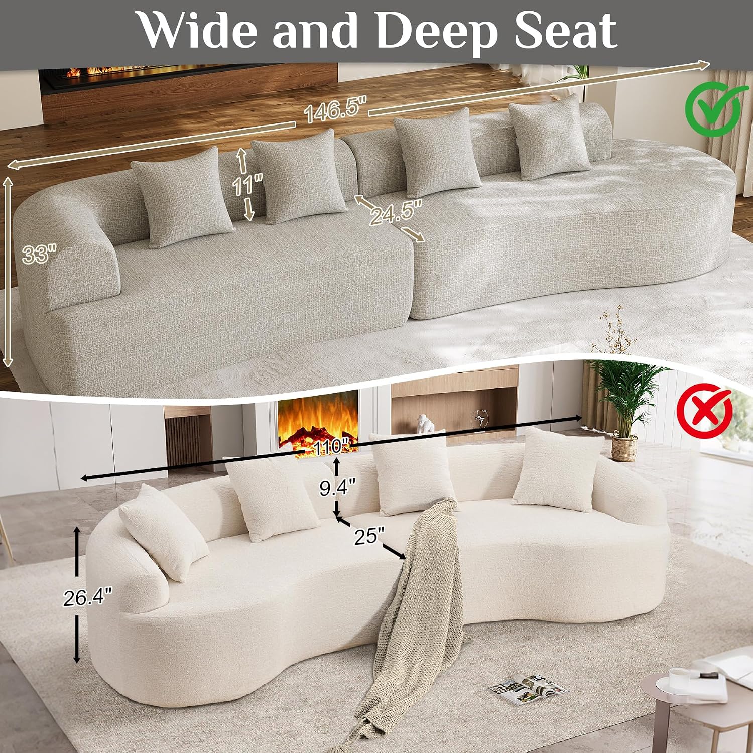 147' Oversized Sectional Sofa for Living Room, Modern Luxury Plush Chenille 4-Seater Extra Deep & Wide Seat Curved Cloud Couch with 4 Throw Pillows, No Assembly Needed, Light Grey