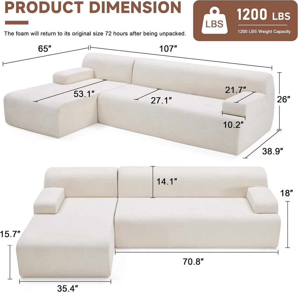 Huatean Home 107' Modular Sectional Sofa, Boneless Couch Sponge Sofa for Living Room, High Density Sponges Cloud Couch,Modular L-Shape Sofa with Chaise, (Beige)