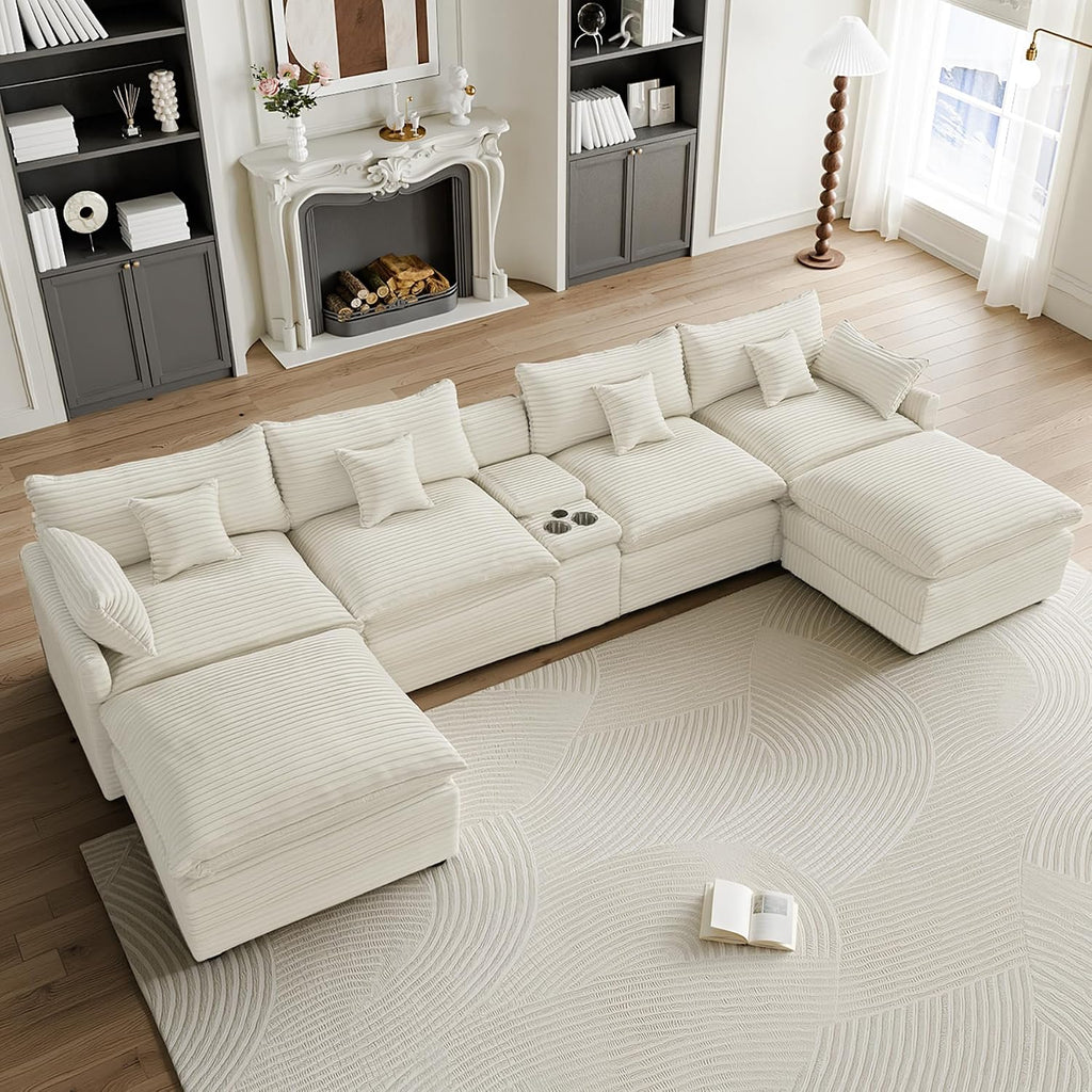 145'' U-Shaped Cloud Sofa, Beige Modular Sofa Suitable for Living Rooms Extra Large Comfortable and Fluffy Corduroy Sofa and Features USB Ports and Storage Ideal for Pet-Owning Families with Children