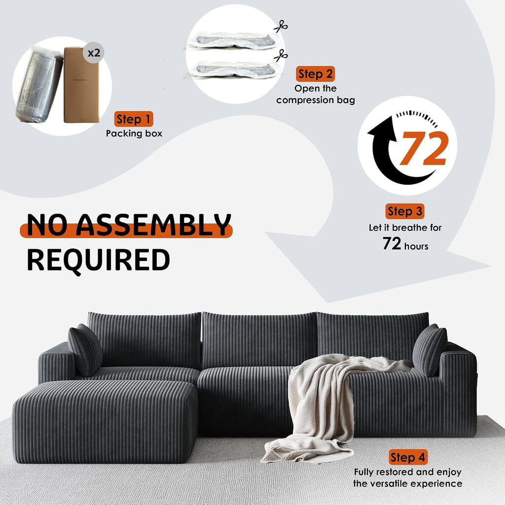 108' Cloud Couch Modular Sectional Sofa for Living Room,L Shaped Boneless Couch with Deep Seat Chaise,No Assembly Required Foam Sleeper Sofa for Apartments,Plush Corduroy Fabric, Dark Gray