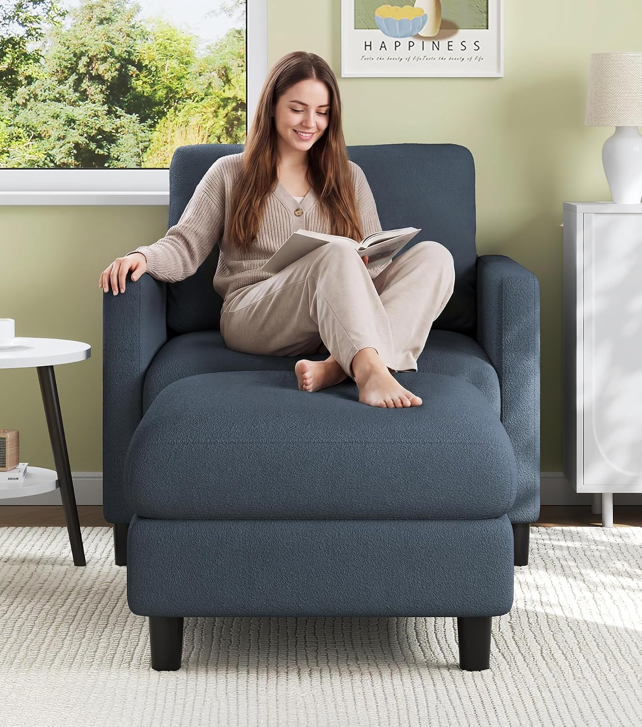 Welzona Sofa Accent Chair with Ottoman, 33' Reading Chair and Ottoman Set for Bedroom, Tool-Free Setup Living Room Accent Chairs, Comfy Arm Chairs Living Room, All-Wood Reading Nook, Blue Grey