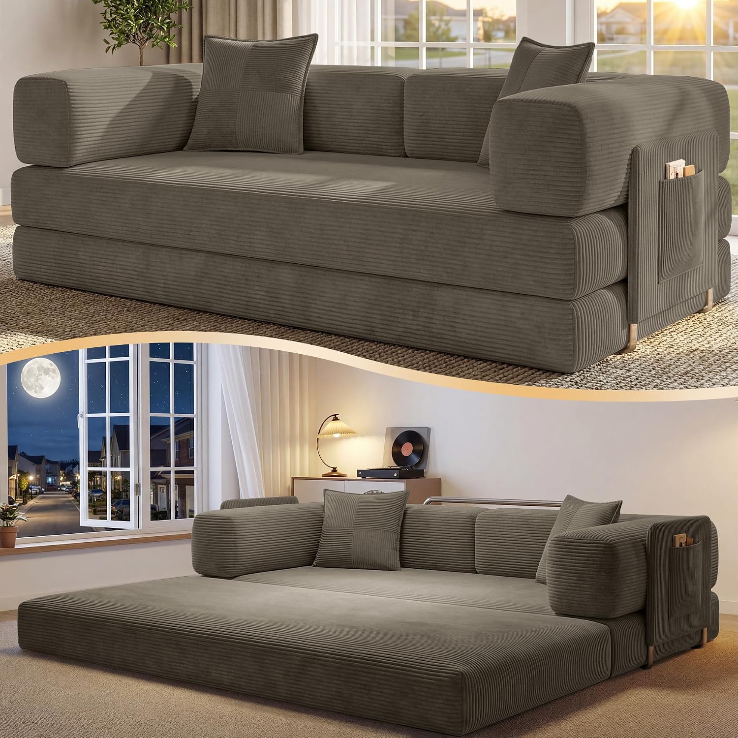 78.8' Convertible Futon Sofa Bed,Corduroy Futon Couch with Storage Pocket,Folding Pull Out Sofa,No Assembly Boneless Couch for Living Room,Brown