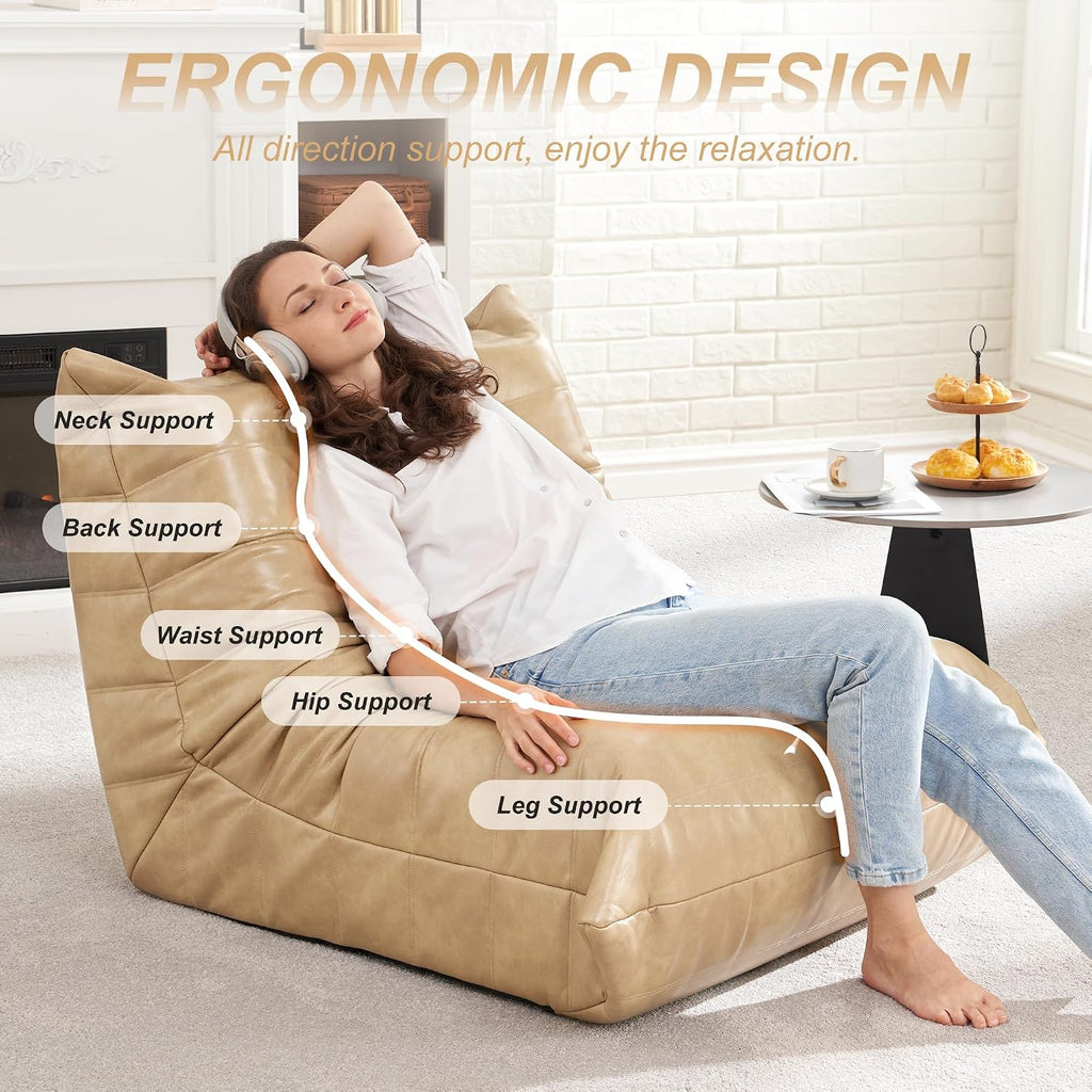 Hobestluk Giant Bean Bag Chair Lazy Floor Sofa, Memory Foam Fireside Sofa for Adults, Big Beanbag Faux Leather Armless Chair for Living Room Bedroom Dorm Office (Khaki, Single)