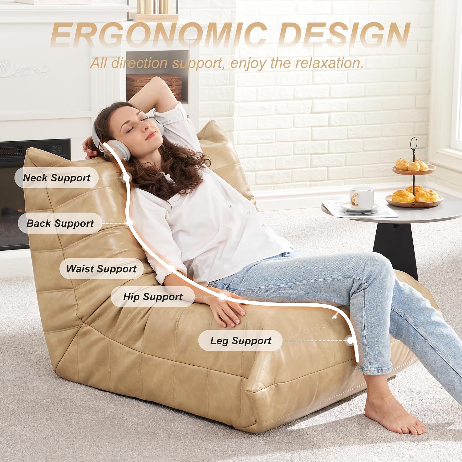 Hobestluk Giant Bean Bag Chair Lazy Floor Sofa, Memory Foam Fireside Sofa for Adults, Big Beanbag Faux Leather Armless Chair for Living Room Bedroom Dorm Office (Khaki, Single)
