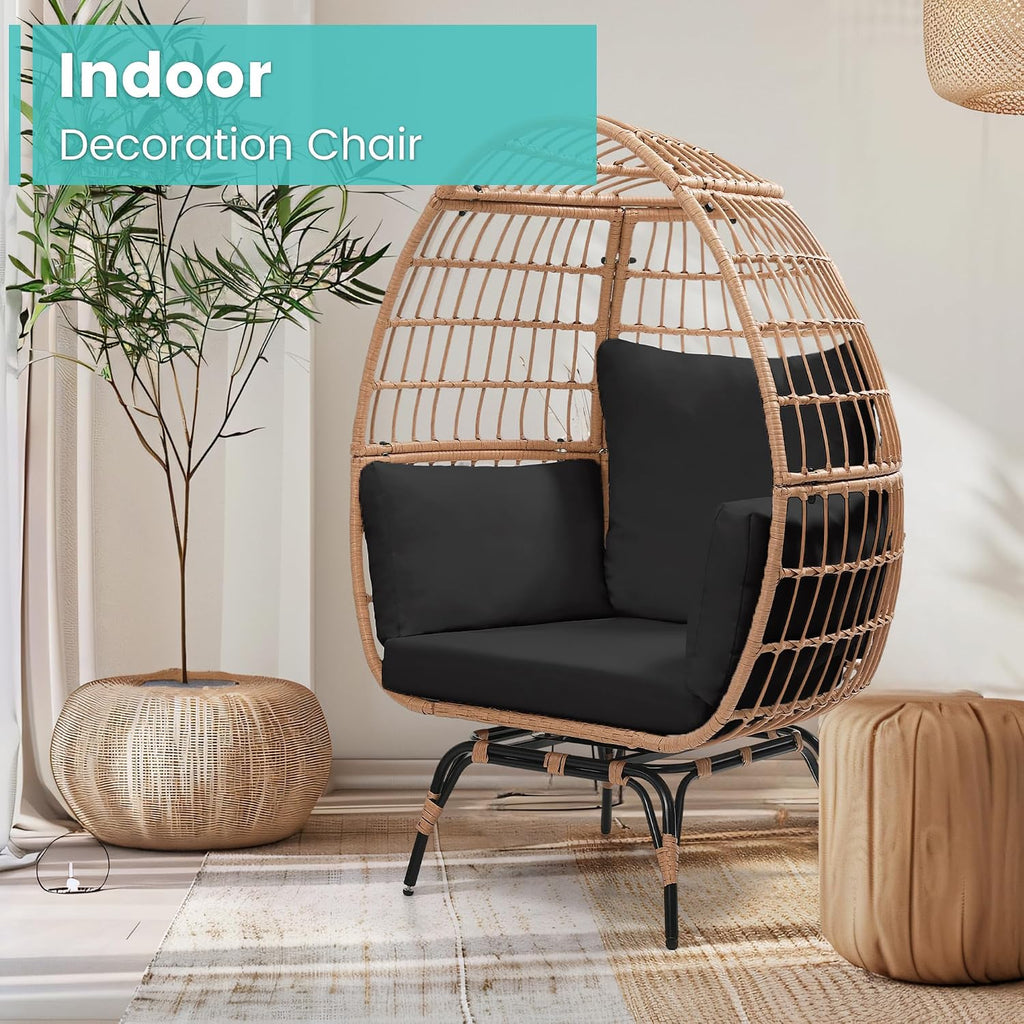 Murago Oversized 360° Swivel Rattan Egg Chair for Adult, Indoor Outdoor Patio Large Wicker Egg Chair with Overstuffed Cushions, 440lb Weight Capacity, Natural Rattan with Black Cushion
