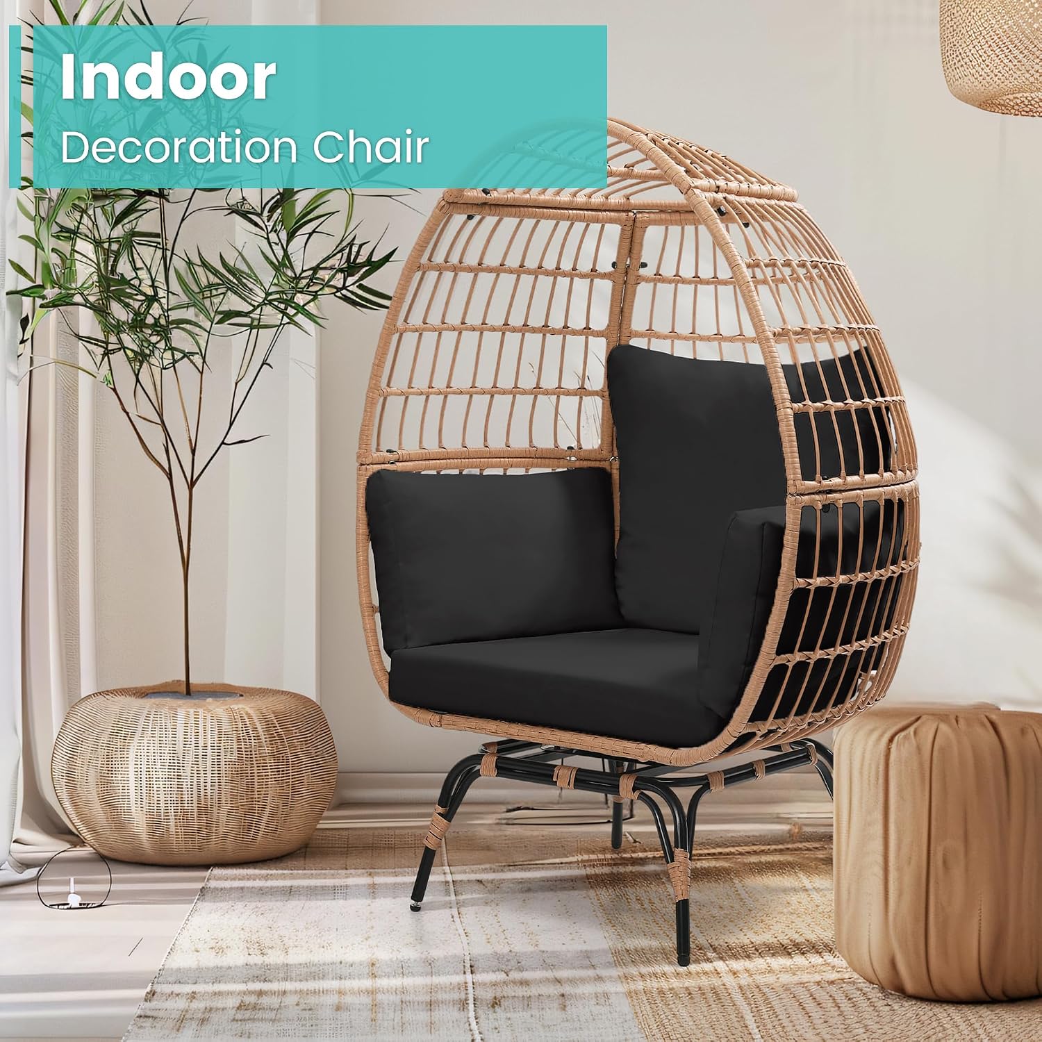 Murago Oversized 360° Swivel Rattan Egg Chair for Adult, Indoor Outdoor Patio Large Wicker Egg Chair with Overstuffed Cushions, 440lb Weight Capacity, Natural Rattan with Black Cushion