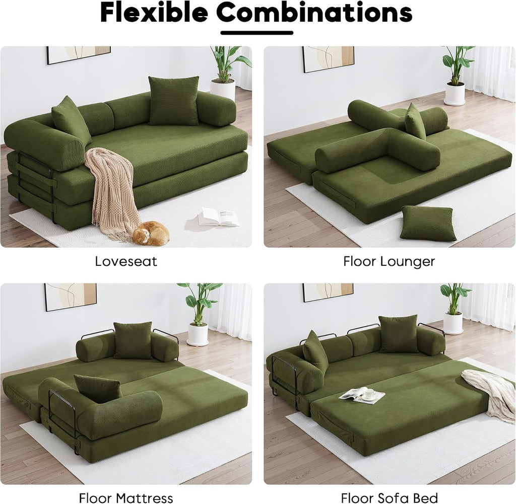 ZEIINPA Convertible Sleeper Sofa Bed with Cylindrical Pillow, Corduroy Folding Mattress Couch with Fixed-Shape Frame, Floor Sofa Lounge Couch for Living Room Bedroom Lounge Studio-Green
