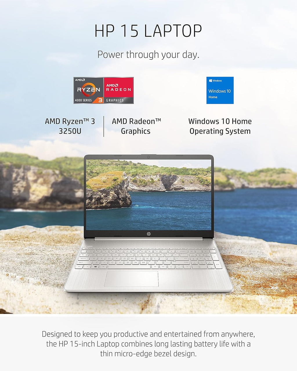 HP 15 Laptop, AMD Ryzen 3 Processor, 8 GB RAM, 256 GB SSD, 15.6' Full HD Windows 10 Home in S Mode, Lightweight Computer with Webcam and Dual Mics, Work, Study, & Gaming (15-ef1050nr, 2021)