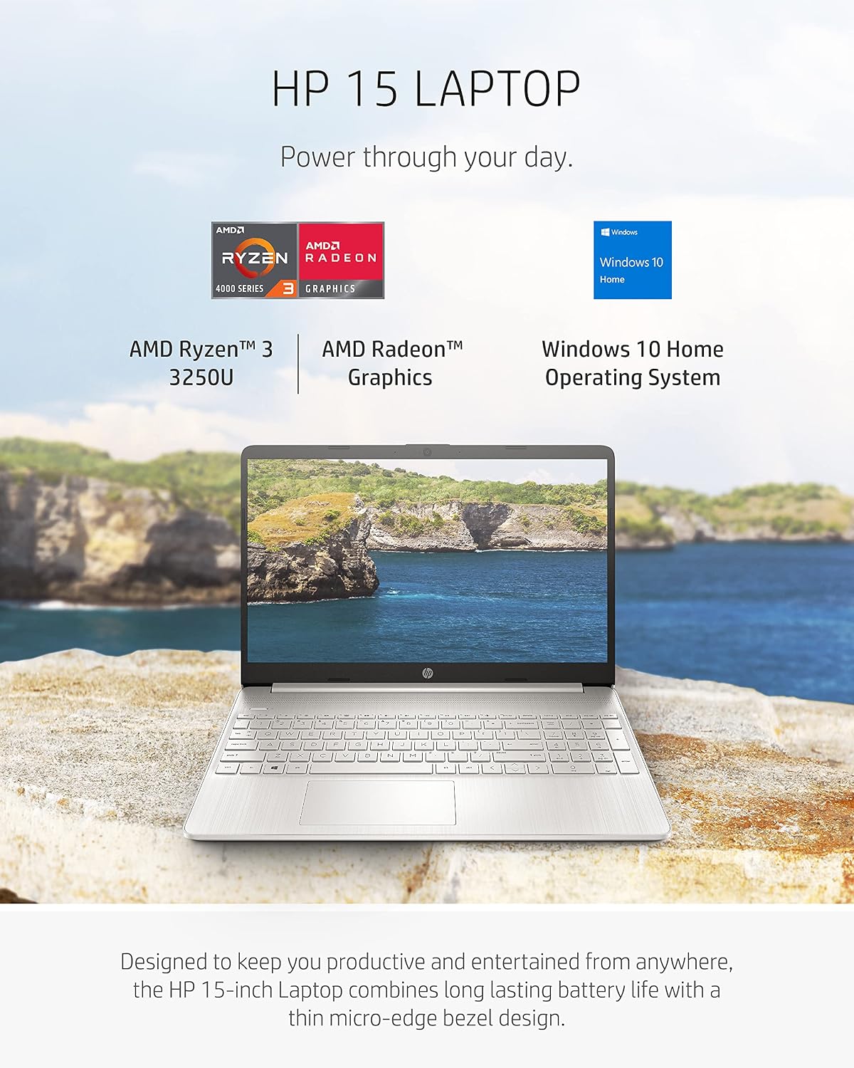 HP 15 Laptop, AMD Ryzen 3 Processor, 8 GB RAM, 256 GB SSD, 15.6' Full HD Windows 10 Home in S Mode, Lightweight Computer with Webcam and Dual Mics, Work, Study, & Gaming (15-ef1050nr, 2021)
