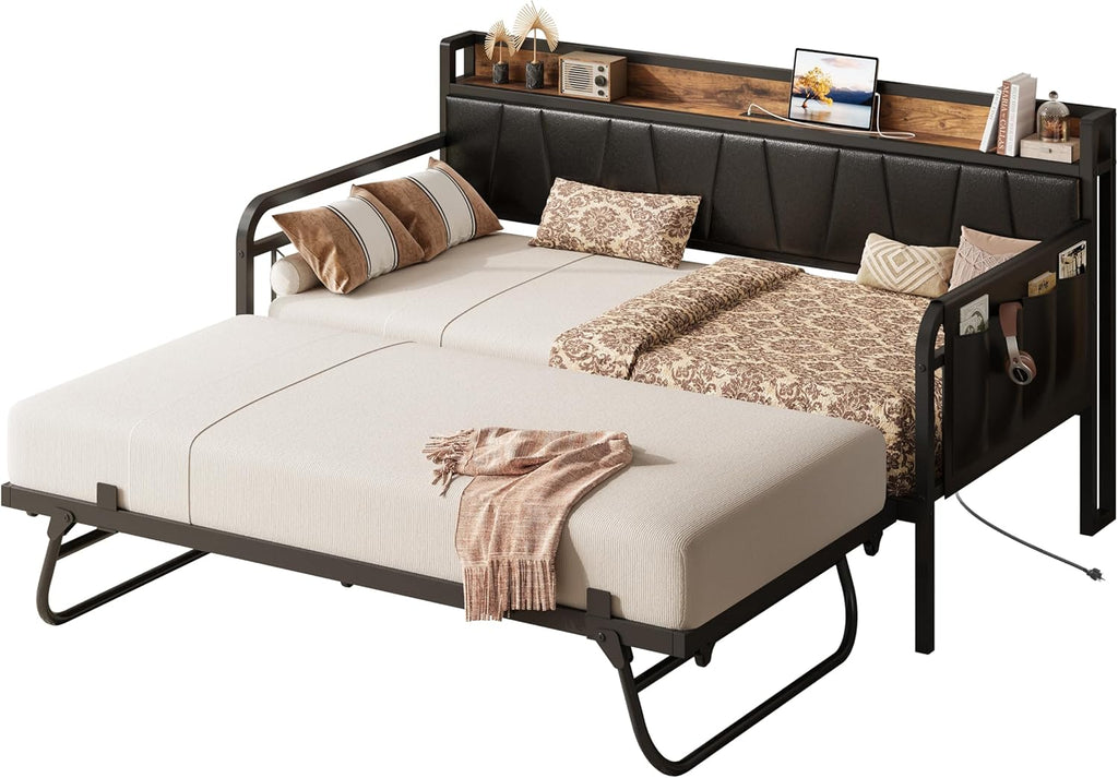 LIKIMIO Twin Daybed, Day Bed with Trundle, Storage Upholstered Headboard and Charging Station, Trundle Bed with Strong Supports for Living Room, Bedroom, and Guest Room, Black