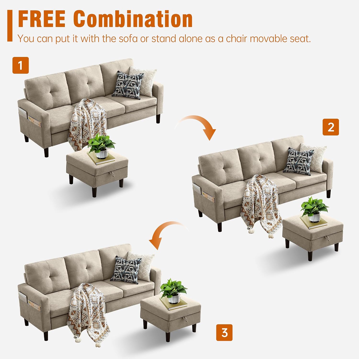 80' Convertible Sectional Sofa Couch with Movable Ottoman, 3 Seats Sectional Sofas L Shaped Couch for Small Spaces, Soft Fabric Couch for Living Room (Beige)