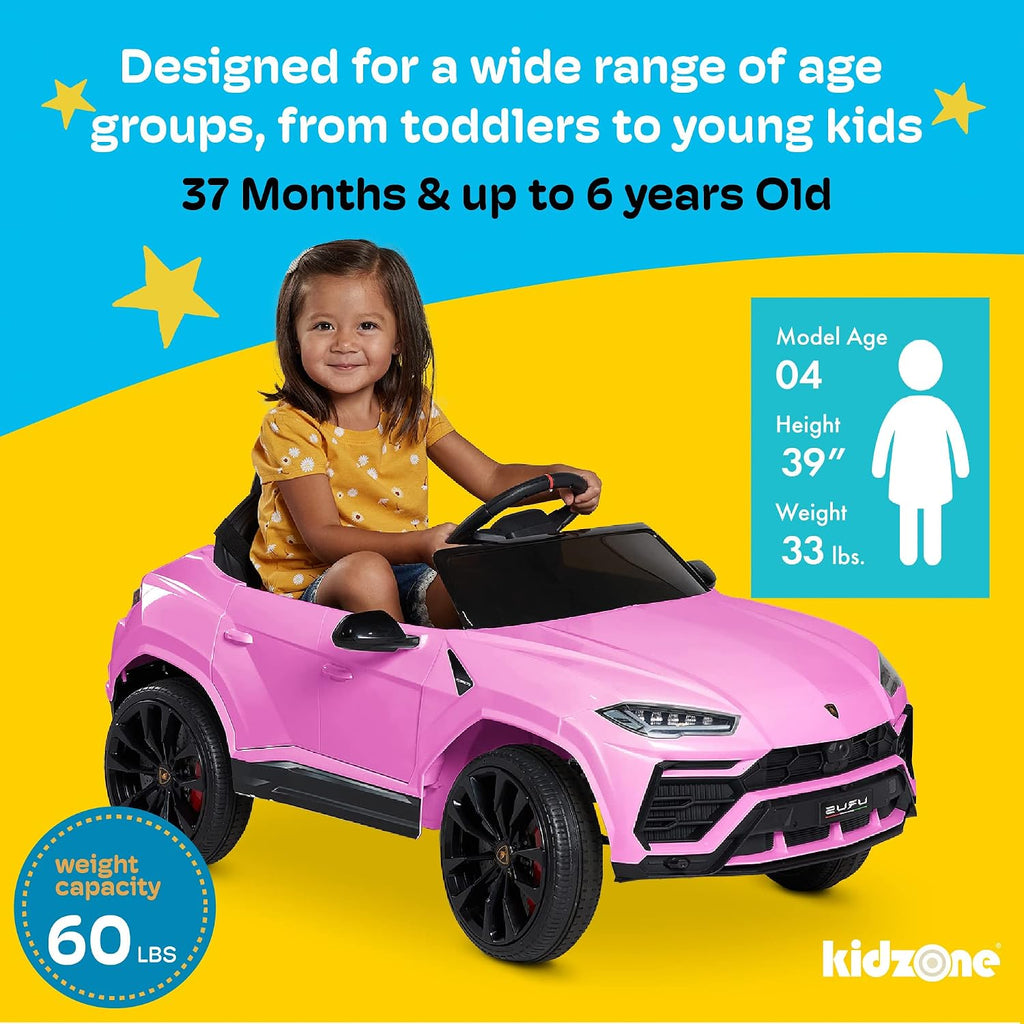 Kidzone Ride On Car 12V Lamborghini Urus Kids Electric Vehicle Toy w/Parent Remote Control, Horn, Radio, Port, AUX, Spring Suspension, Opening Door, LED Light - Black