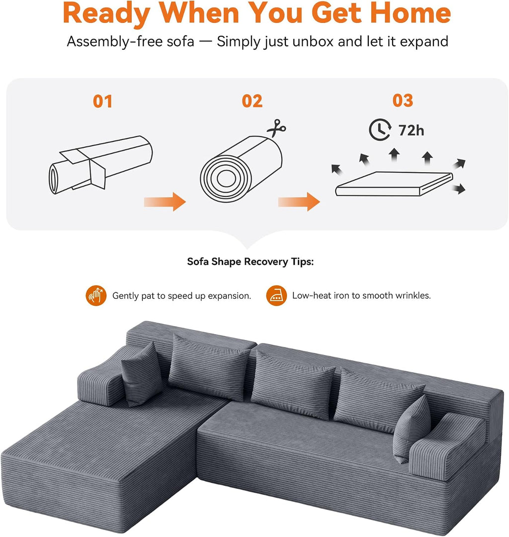 MONVANE 106' Cloud Sectional Couch with L-Shaped Chaise, Modular Sectional Sofa with Deep Seat and Removable Armrests, Comfy Corduroy Boneless Couches for Living Room, No Assembly Required, Grey