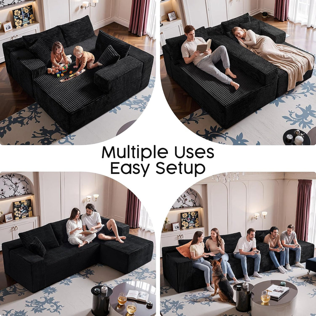 Black Sectional Couch for Living Room - 108' Modular Cloud Sofa with Chaise, Ultra Soft Corduroy L-Shaped Large Couches, Boneless Deep Seat Sectional Couch, No Assembly Required (Left Facing Chaise)