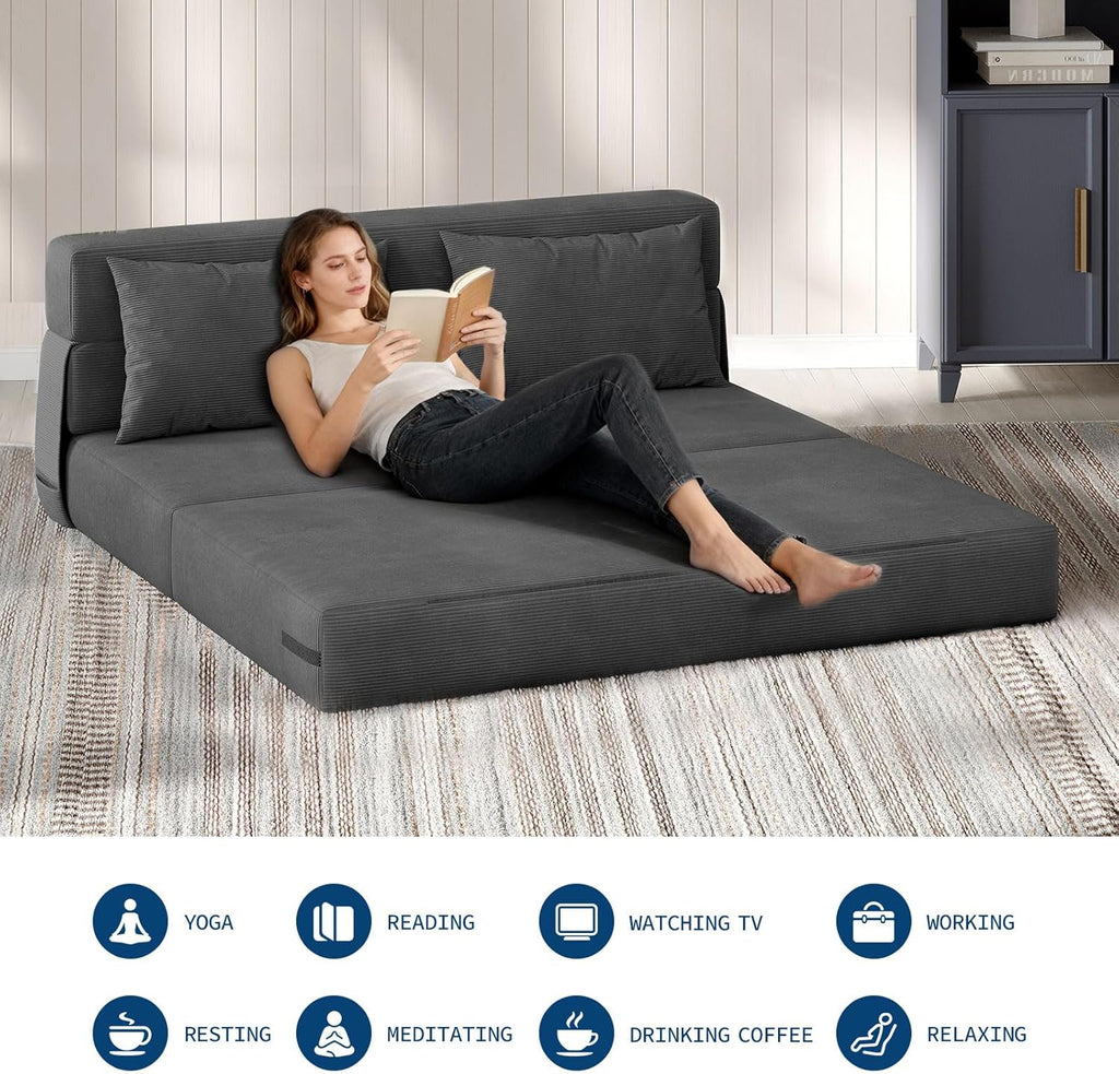 Garvee 4-in-1 Folding Sofa Bed & Chair Bed - Convertible Sleeper, Fold Out Loveseat Sofa Couch with Pillow, Tufted Floor Lounge for Living Room, Bedroom, Guest Room, Dark Gray