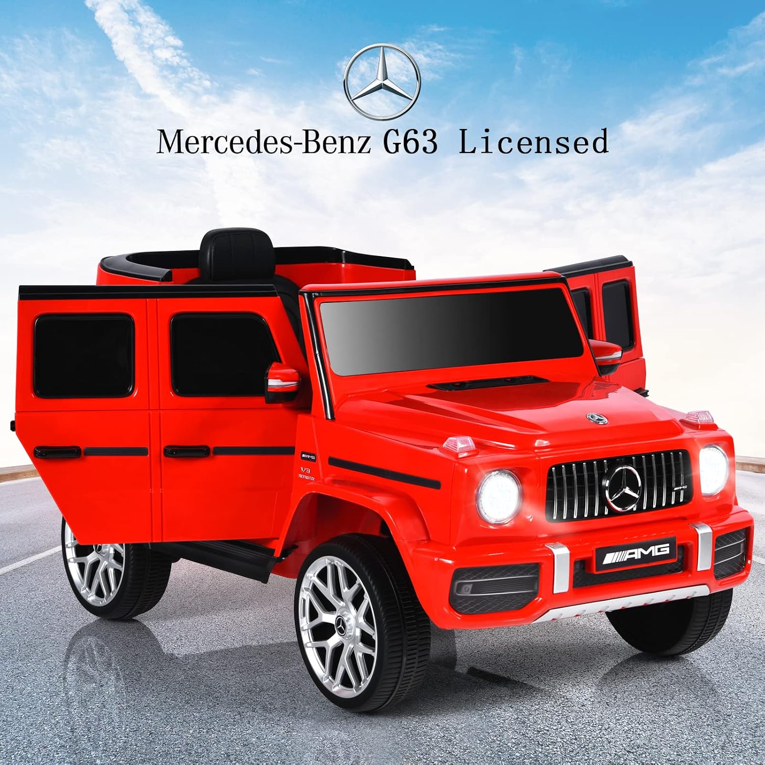 INFANS Licensed Mercedes Benz G63 Kids Ride On Car, 12V Electric Vehicle with Remote Control, Double Open Doors, Music, Bluetooth, Wheels Suspension, Battery Powered for Children Boy Girl (Red)