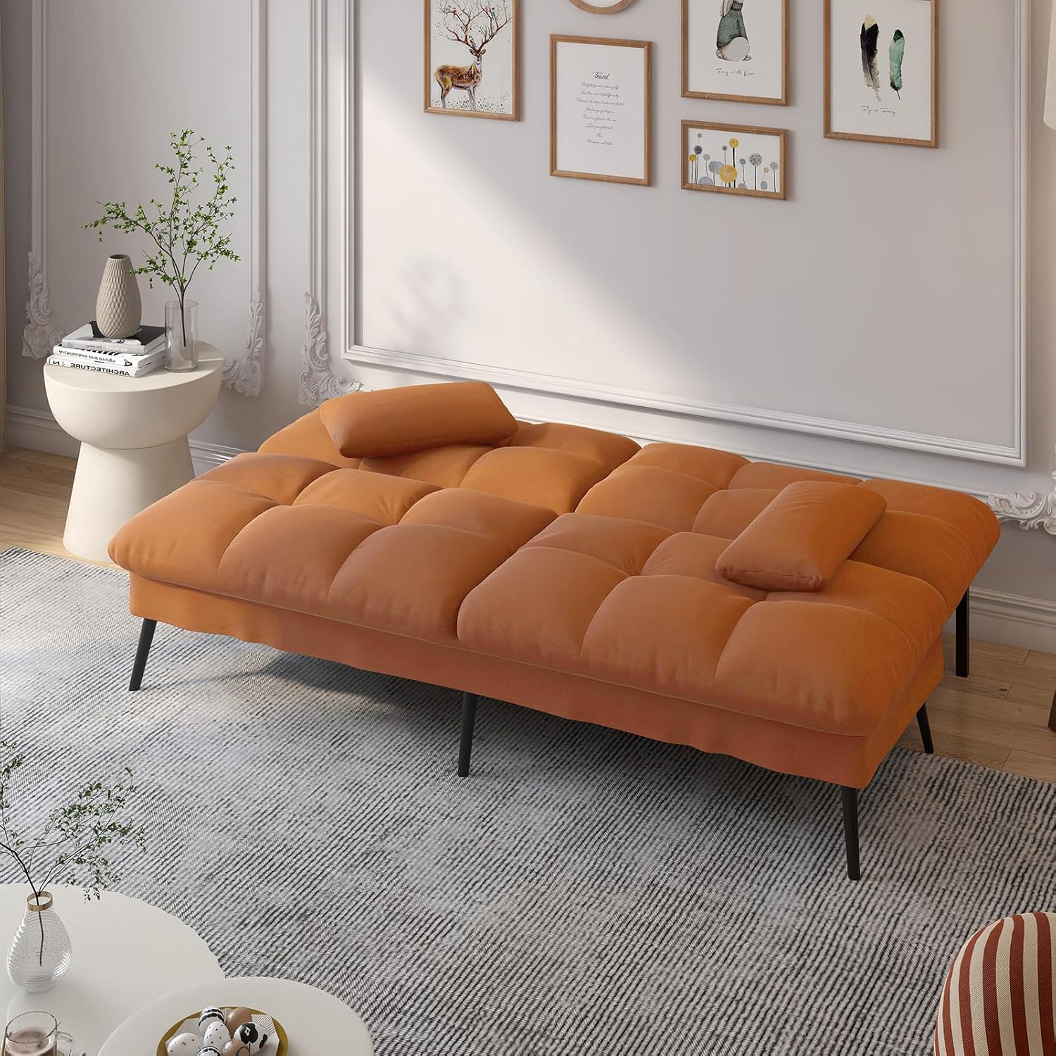 COMHOMA 72″ Futon Sofa Bed,Convertible Fabric Futons Couch with Adjustable Backrest, Folding Sleeper Recliner for Living Room Furniture (Orange)