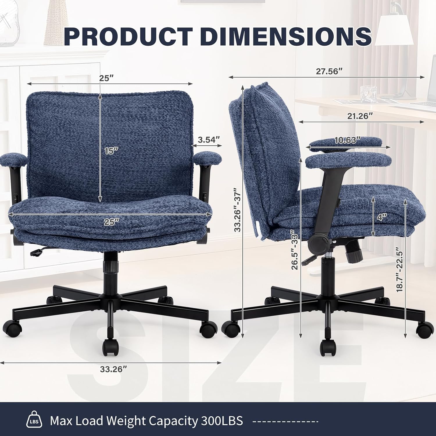 Kassipo Criss Cross Legged Office Chair with Wheels and Flip-Up Arms, Upholstered Criss Cross Desk Chair, Wide Seat Chairs for Home Office, Vanity, Apartment, Navy Blue
