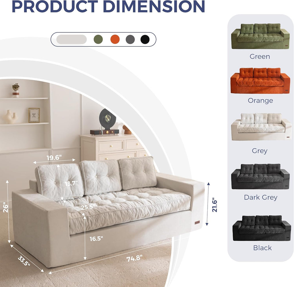 MAXYOYO Boneless Sofa Couch, 75' Oversized Loveseat Sofa, Tufted Floor Couch Bean Bag Chair for Living Room Bedroom Apartment, Sofa in a Box, No Assembly Needed, Grey