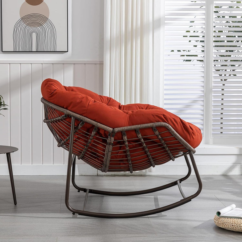 JEEOHEY Papasan Rocking Chairs Outdoor Indoor, Oversized Rattan Rocker Patio Chair with Padded Cushion, Comfy Modern Indoor Egg Chair for Living Room, Bedroom, Porch, Garden, Balcony(Velvet, Orange)