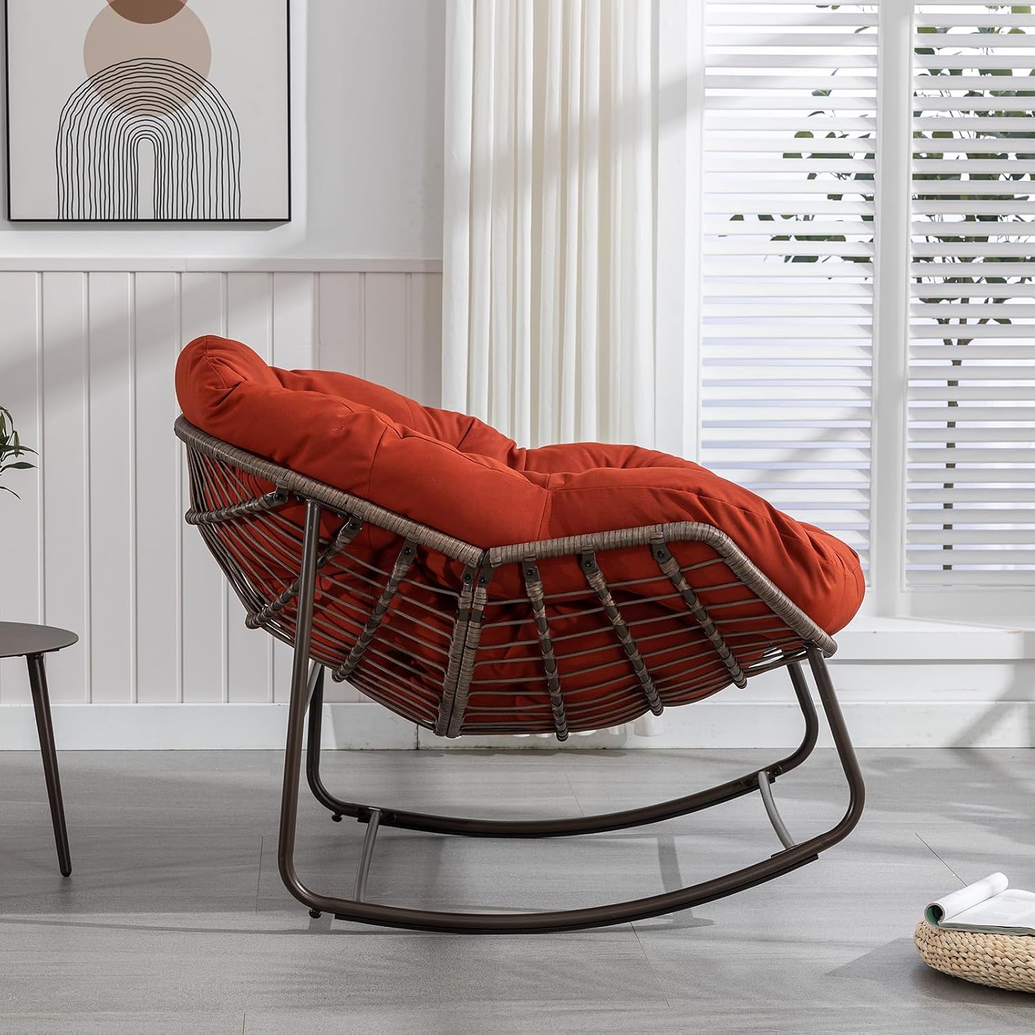 JEEOHEY Papasan Rocking Chairs Outdoor Indoor, Oversized Rattan Rocker Patio Chair with Padded Cushion, Comfy Modern Indoor Egg Chair for Living Room, Bedroom, Porch, Garden, Balcony(Velvet, Orange)