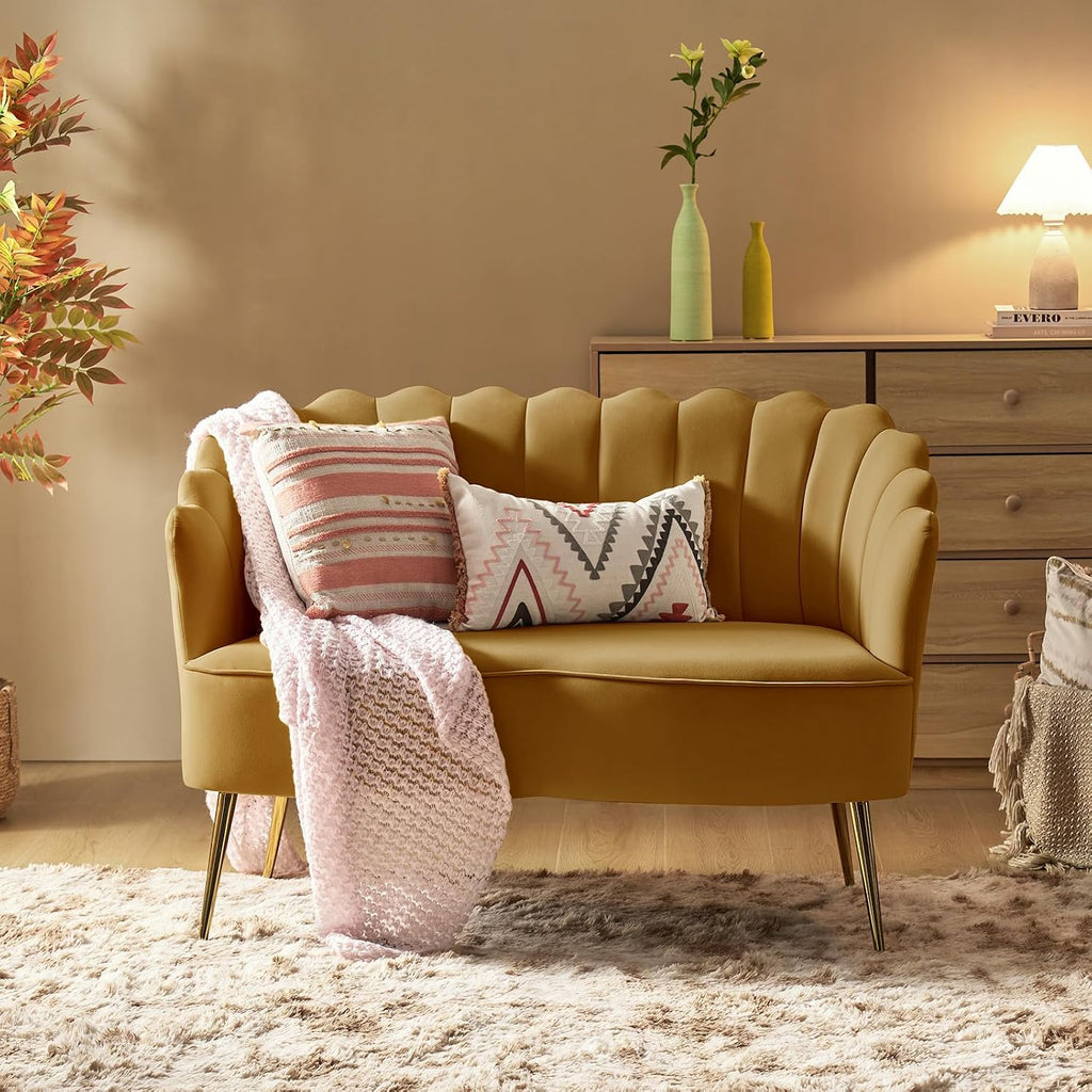 HULALA HOME Modern Velvet Loveseat Sofa with Flower Shaped Back, Comfy Upholstered 2-Seater Sofa with Gold Metal Legs, Small Love Seat Accent Couch for Living Bedroom Leisure Areas, Golden