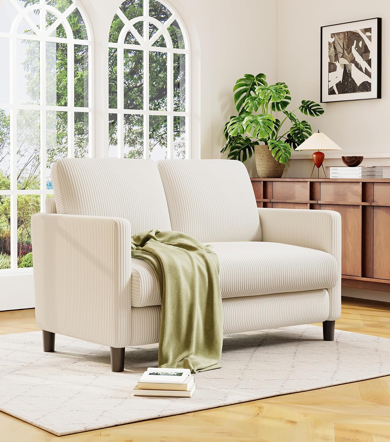 Welzona Loveseat Sofa, 51' Love Seat, Comfy Corduroy Small Loveseat for Small Spaces, Tool-Free Setup Couch for Bedroom, All-Wood Couches for Living Room, No Pillow Included, Beige