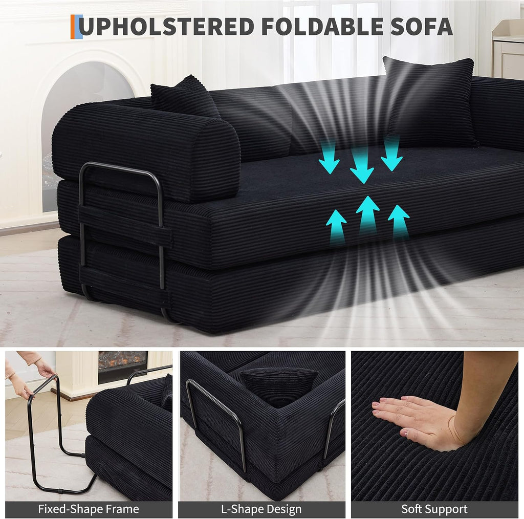 GarveeHome 79' Convertible Sleeper Sofa Bed Couch, 4-in-1 Boneless Corduroy Folding Sofa Bed with Pillow & Fixed-Shape, Floor Mattress Couch Loveseat for Living Room Apartments - No Assembly, Black