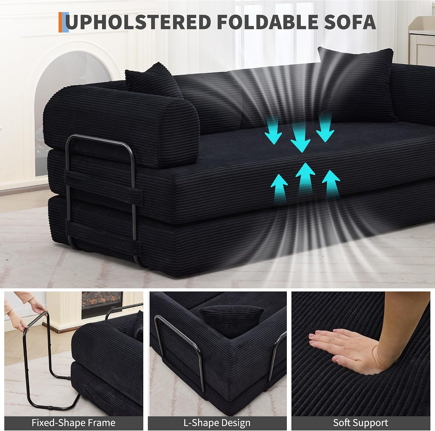 GarveeHome 79' Convertible Sleeper Sofa Bed Couch, 4-in-1 Boneless Corduroy Folding Sofa Bed with Pillow & Fixed-Shape, Floor Mattress Couch Loveseat for Living Room Apartments - No Assembly, Black