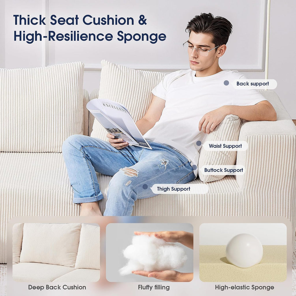 KINGYES 107'' Modular Sectional Sofa, L Shaped Cloud Couch for Living Room, Modern Plush Corduroy Boneless Sofa with Chaise for Bedroom, Beige