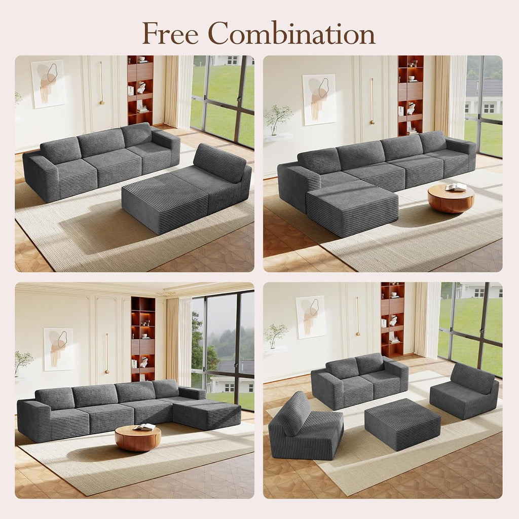 Vesgantti 159' Large Modular Sectional Sofa, L-Shaped Corduroy Cloud Couch with Deep Seats & Spring Support, 4-Seater Boneless Sofa with Movable Ottoman, No Assembly Needed, Grey