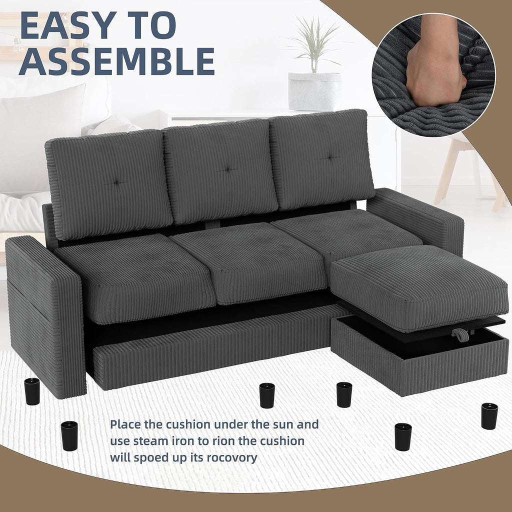 Convertible Sectional Sofa with Storage Ottoman, 77' L-Shaped 3-Seat Couch with Skin-Friendly Corduroy Fabric, Reversible Small Sectional for Small Space, Apartment, Living Room and Office(Dark Grey)