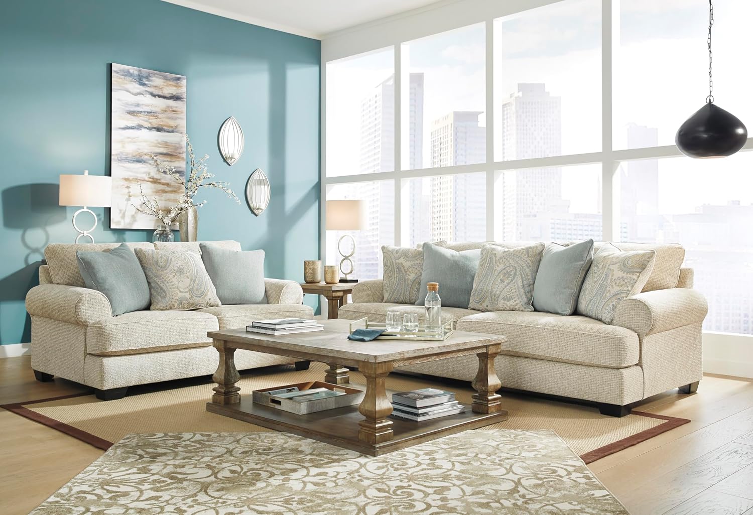 Signature Design by Ashley Monaghan Vintage Sofa with Accent Pillows, Reversible Cushions and Rolled Arms, Beige