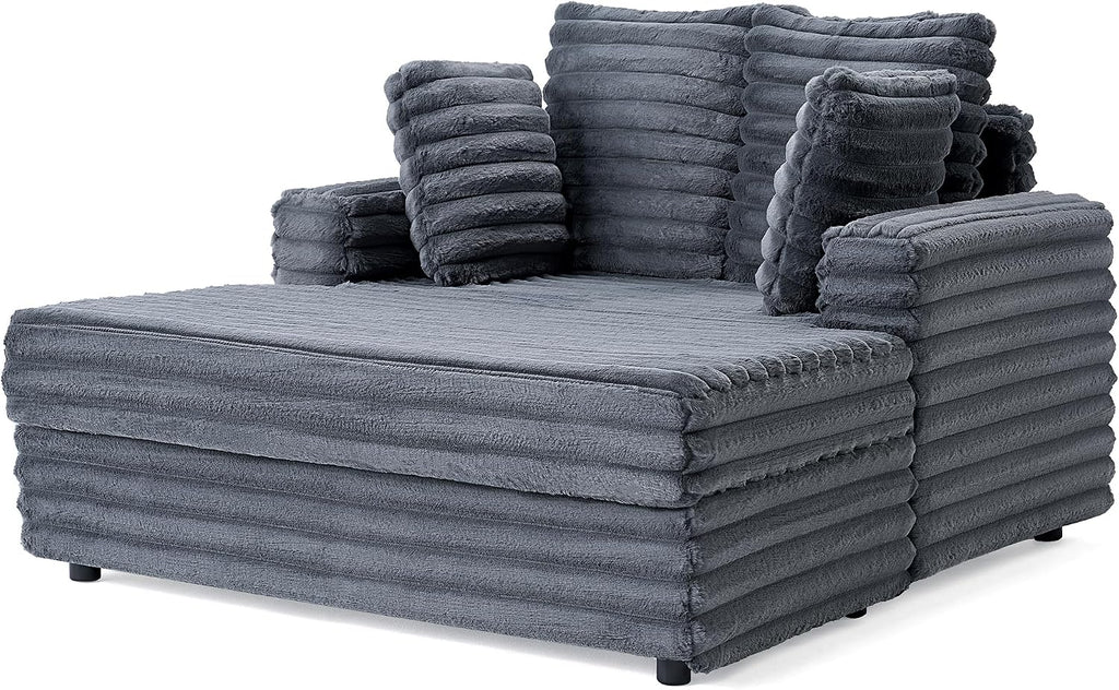 VanAcc 58-Inch Faux Fur Convertible Sofa Bed, Plush Chaise Lounge with Removable Pillows and Armrests for Living Room, Dark Grey