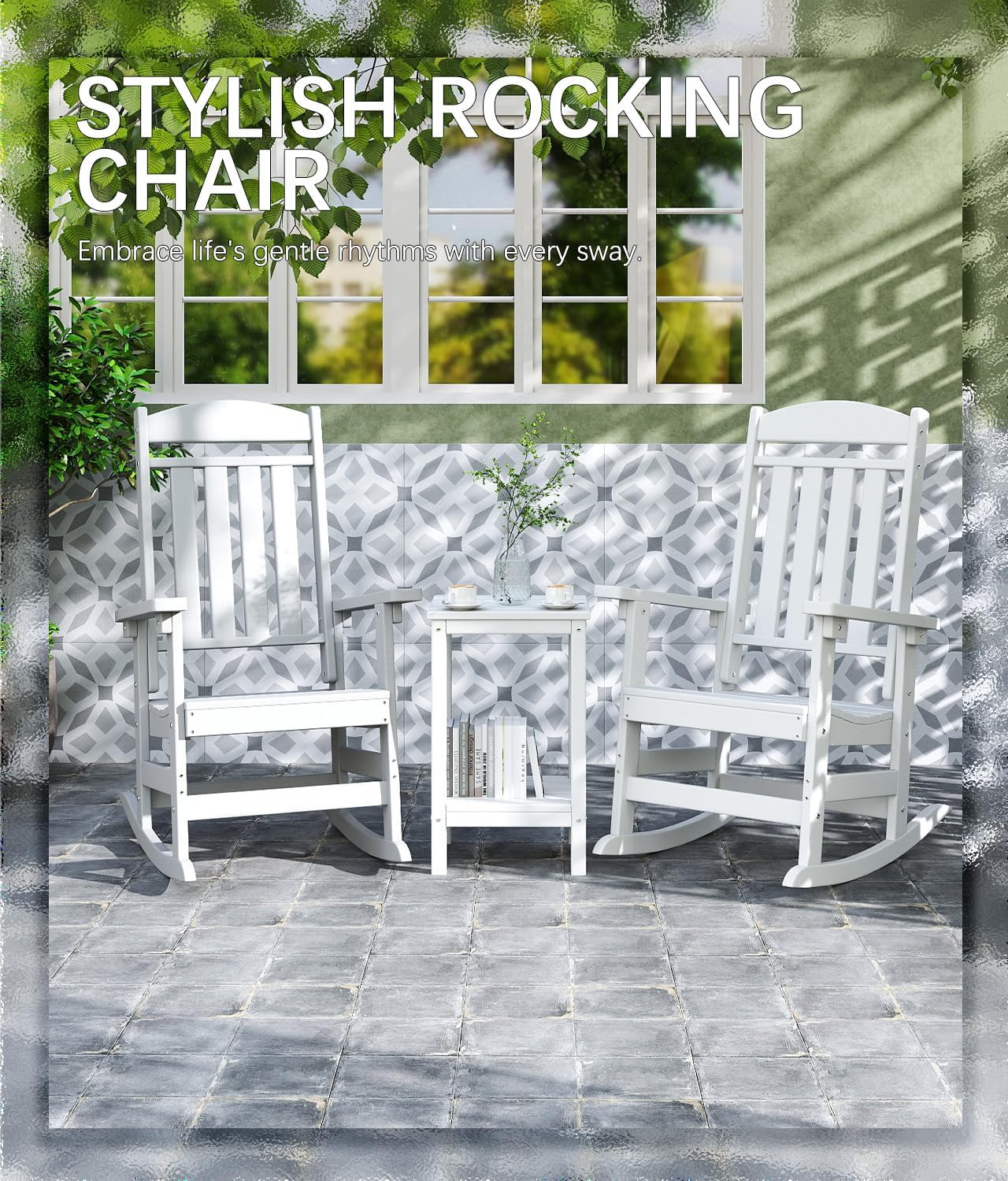 FOOWIN Outdoor Rocking Chair Set of 8, High Back Patio Rocking Chair, HDPE All Weather Resistant Porch Rocker for Adult, Oversized Rocking Chairs for Garden, Lawn, Indoor & Outdoor Use, White