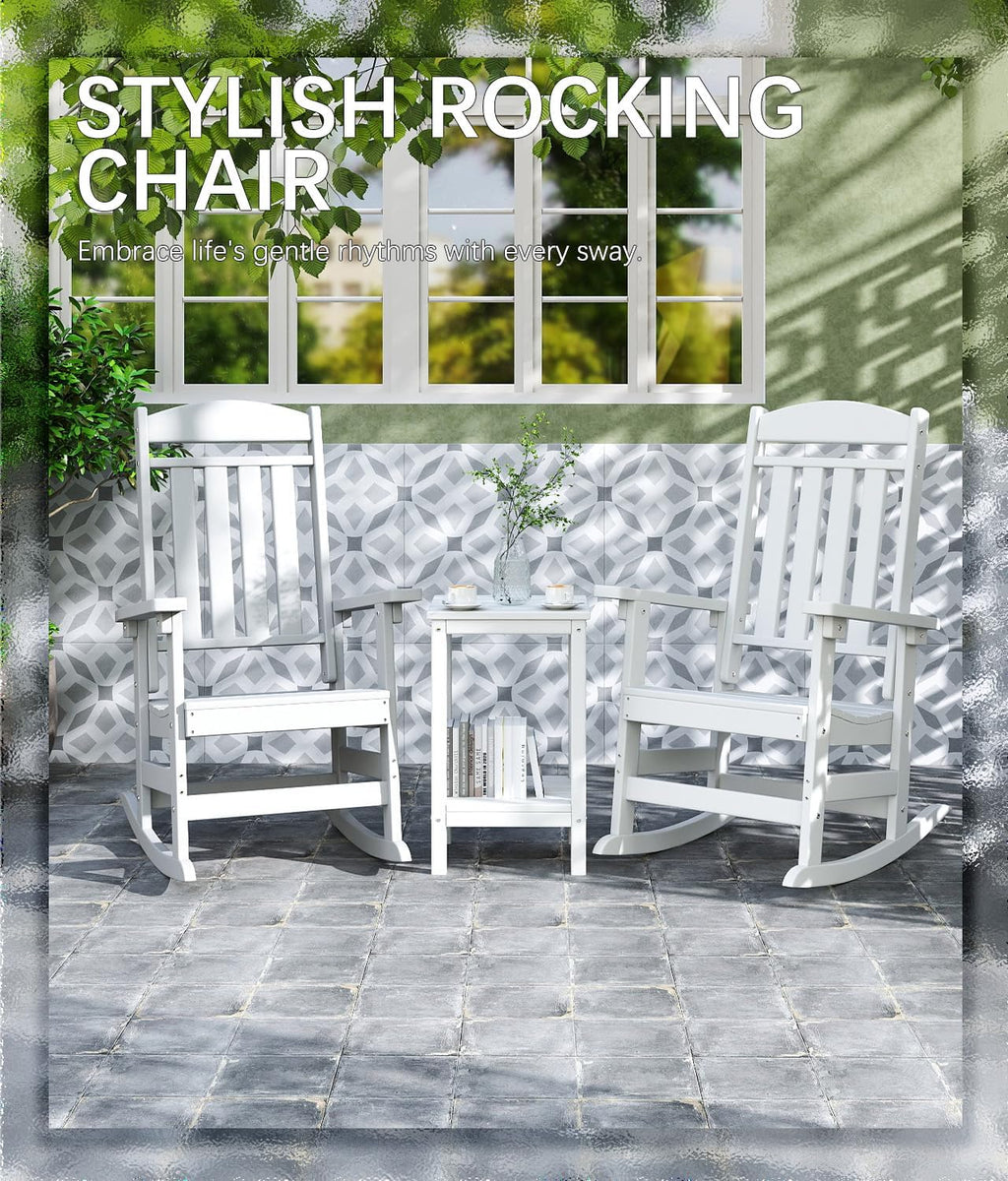 FOOWIN 3-Piece Outdoor Rocking Chairs Set, High Back Patio Rocker with Side Table, HDPE All Weather Resistant Oversized Rocking Chairs for Indoors, Porch, Patio, Backyard, White