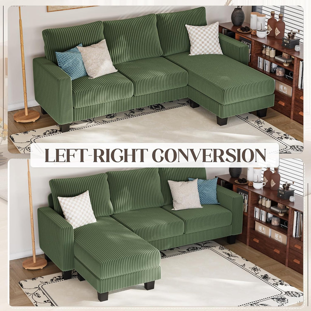 YESHOMY Convertible Sectional Couch, Couches with Mobile Ottoman, Small Sofa L-Shaped 3 Seater with Corduroy Fabric for Living Room, Apartment and Office, 70', Olive Green