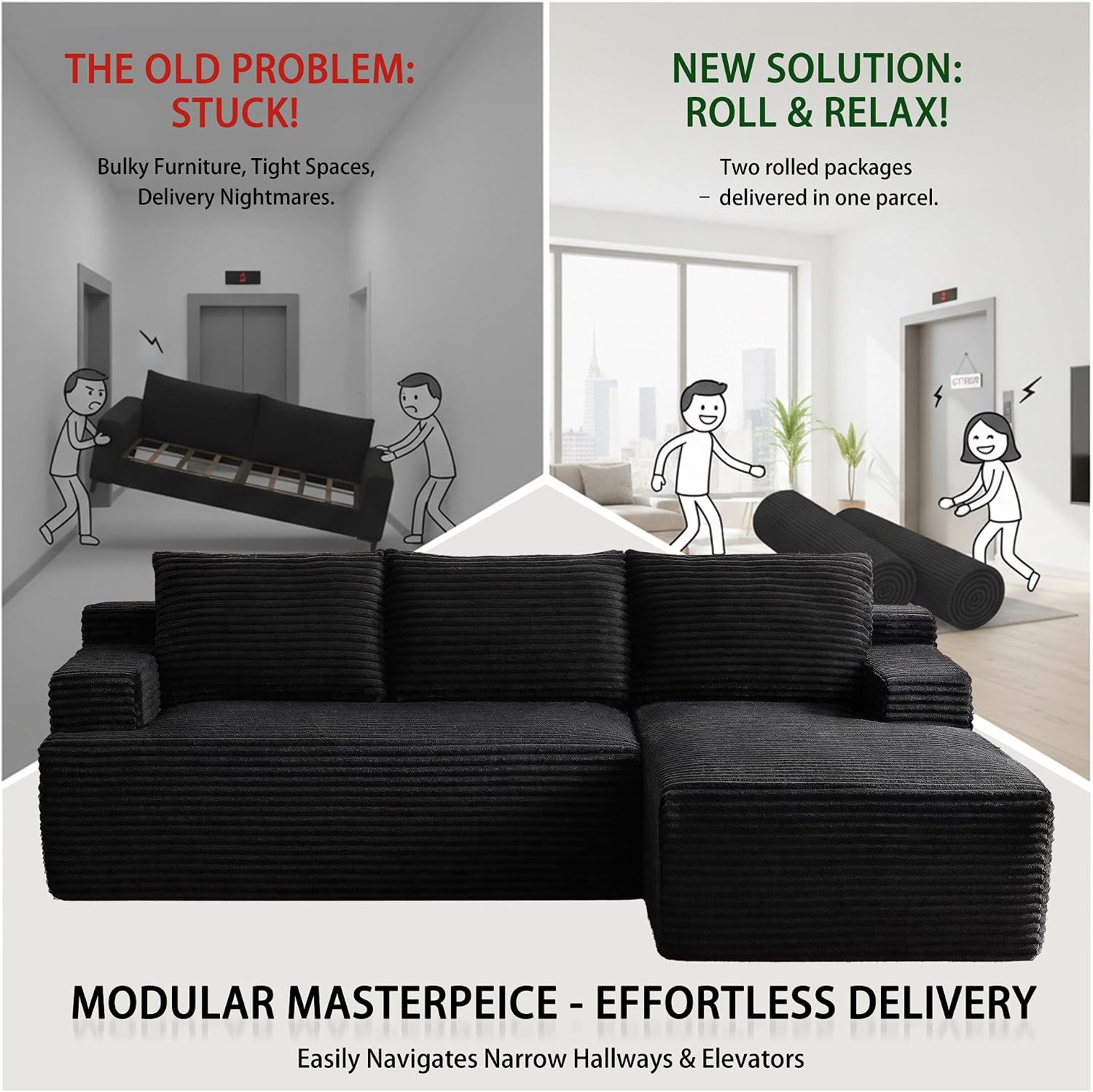96''Sectional Couches for Living Room,Modern Modular Sectional Sofa,Upholstered Boneless Couch Comfy Cloud Couch with L Shaped Chaise (Black, 96''W Right Facing Chaise)