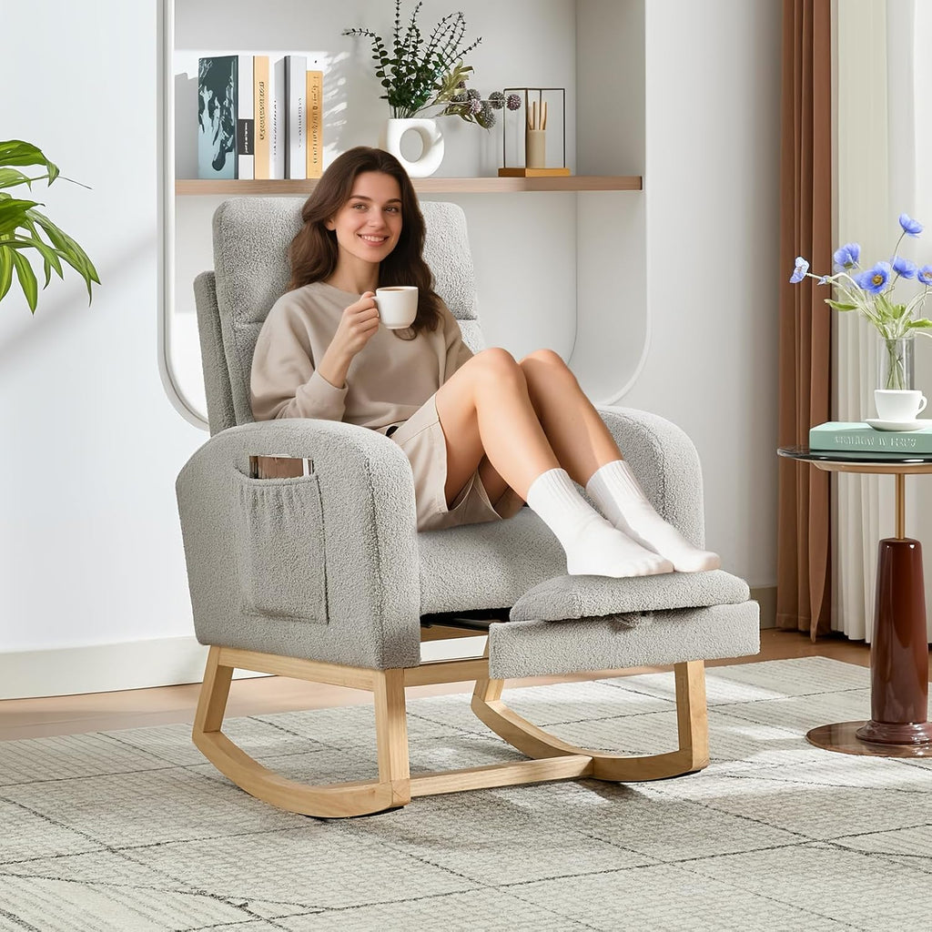 Nursery Rocking Chair with Foot Rest,Modern PU Upholstered Reading Glider Chair,High Backrest & Side Pocket for Living Room, Bedroom, Baby Room